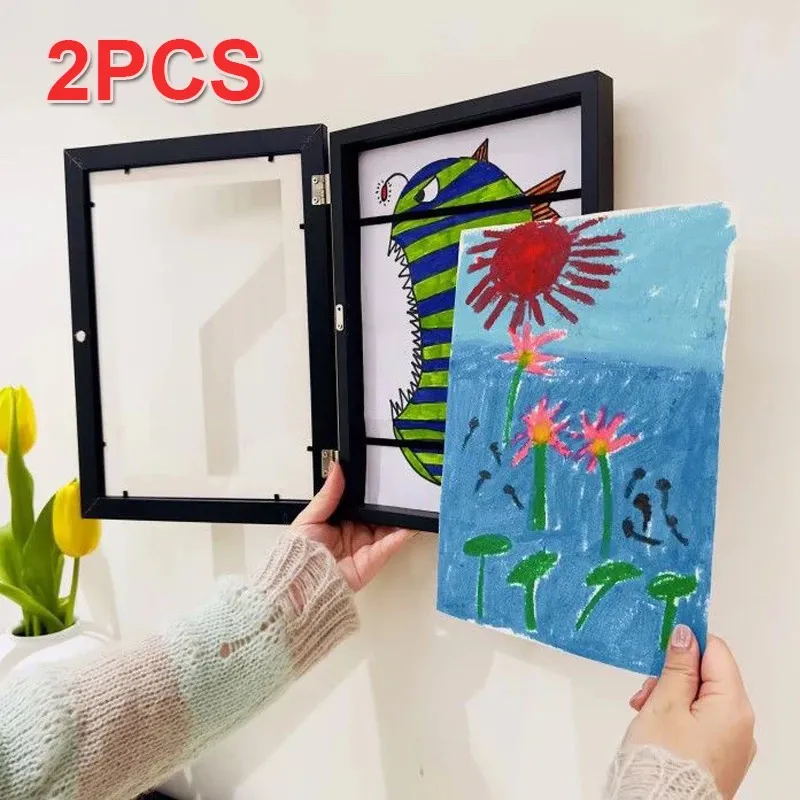 Picture Frames 2/1pcs Wooden Kids Art Frames Changeable Picture Display Art-Work Children Projects Home Office Storage Picture Display 231215