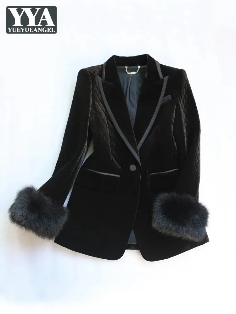 Abiti da donna Blazer da donna Maniche in pelliccia Blazer di velluto Cappotto da ufficio da donna Nero Slim Fit Giacca da lavoro Giacca di alta qualità Autunno Party Capispalla Cappotti 231214