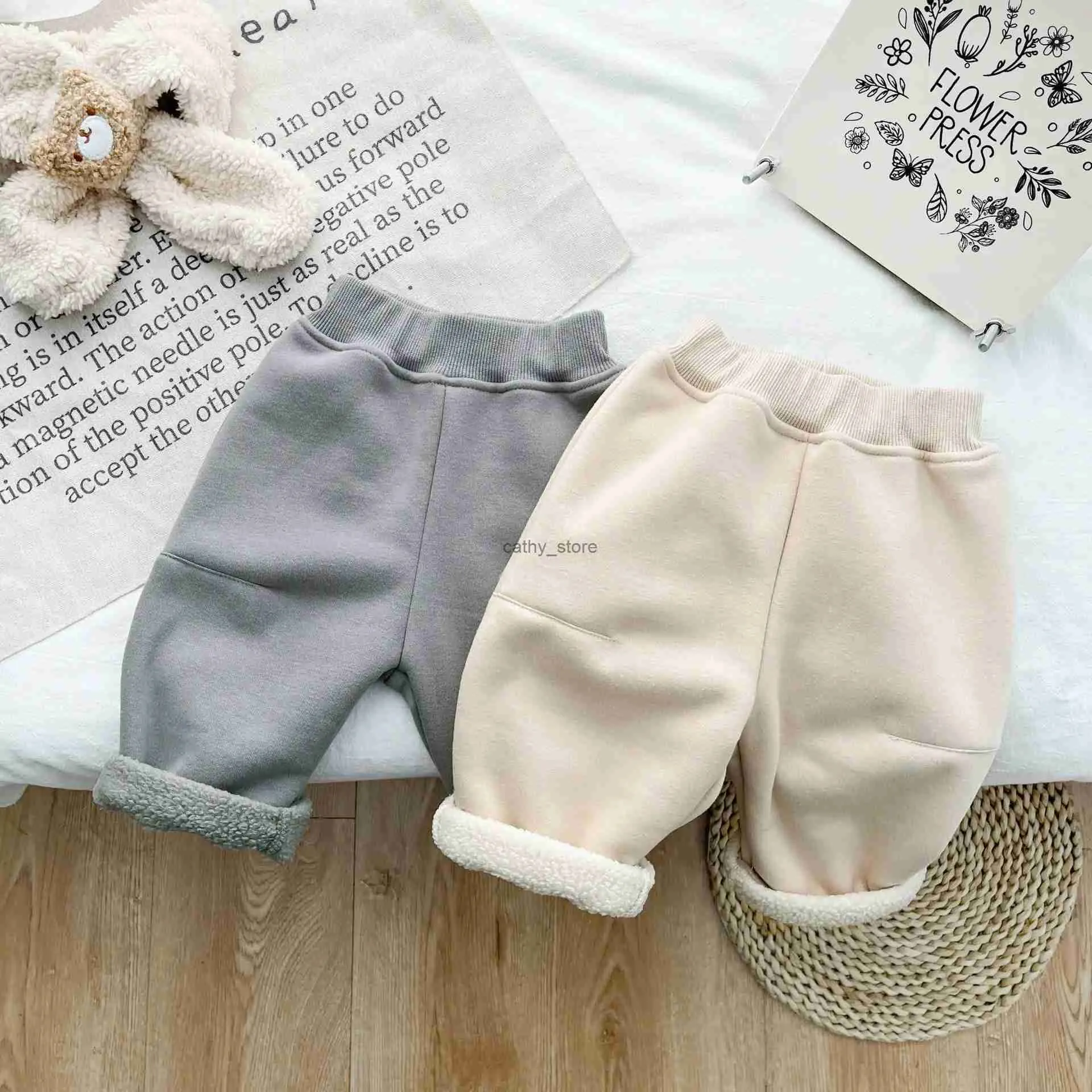 Salopette automne hiver nouveaux enfants Plus velours ample chaud pantalon garçon infantile polaire épaissir mode pantalon fille bébé solide pantalons décontractésL231114