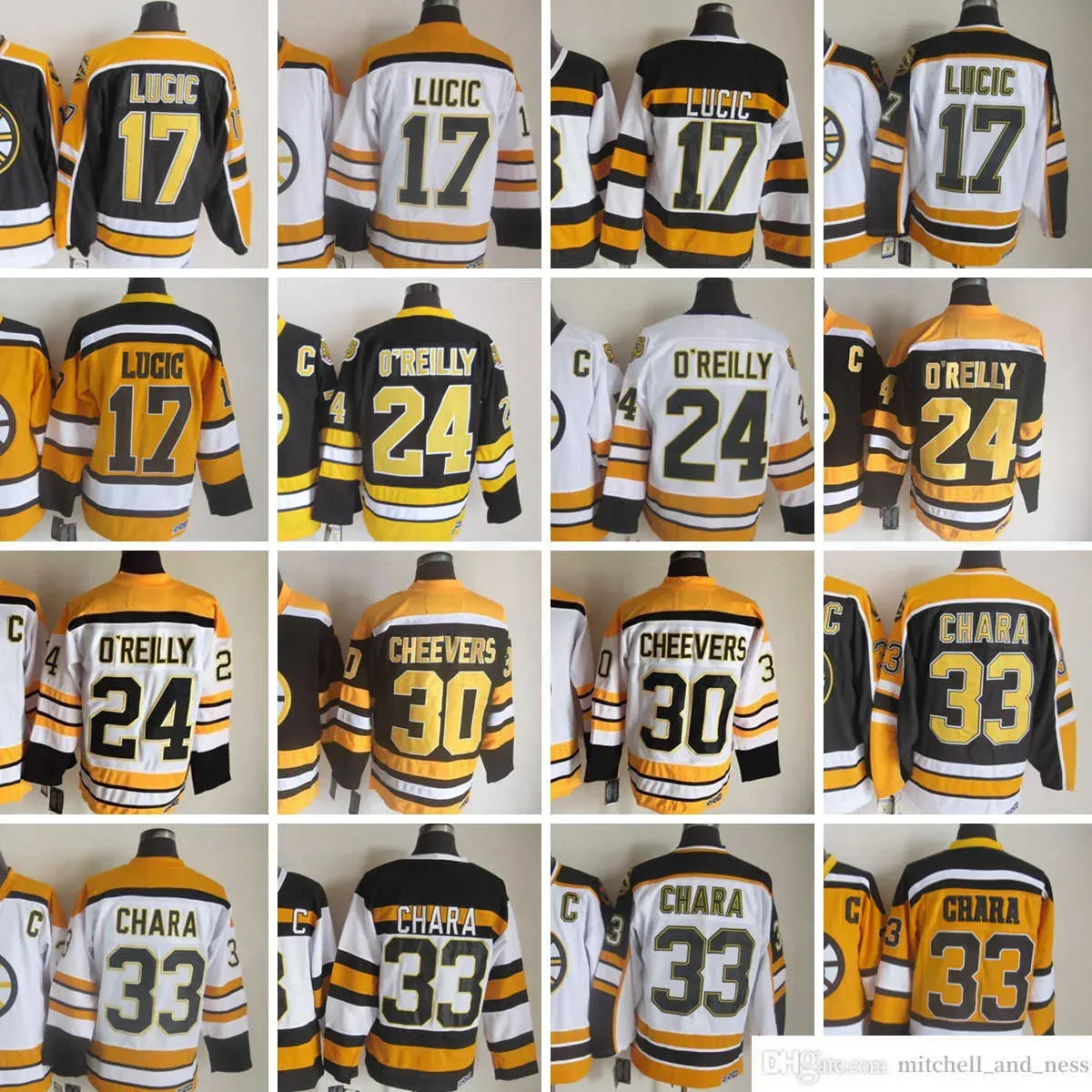 Personalizado 1980 Filme Vintage Hóquei 33 Zdeno Chara Jerseys CCM Bordado 24 Terry O'reilly 17 Milan Lucic Jersey Preto Branco 75º Amarelo Retro