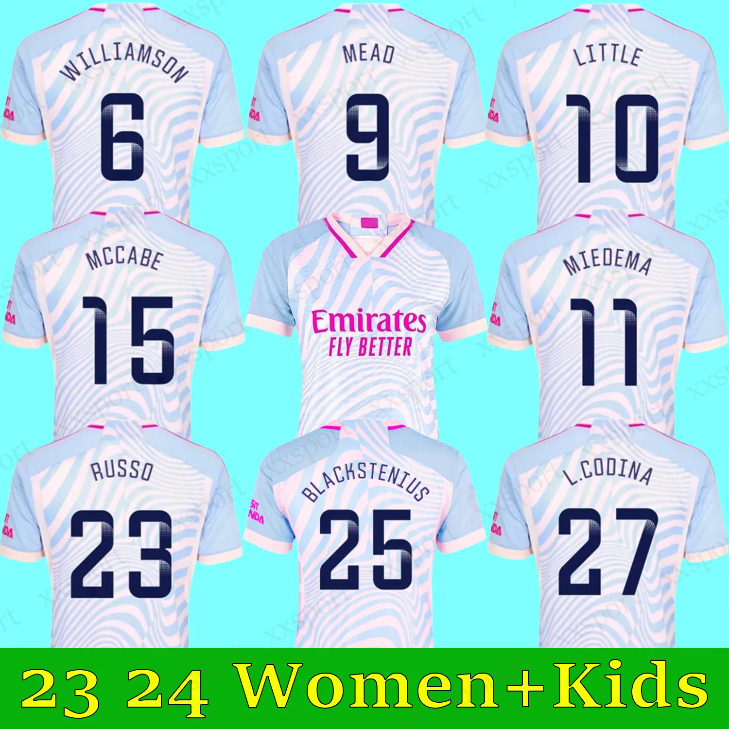 2023 2024 RUSSO WILLIAMSON MEAD SAKA LITTLE G.JESUS футбольная майка 23 24 McCABE MIEDEMA L.CODINA HURTIG CATLEY футбольная форма рубашка женская детская униформа