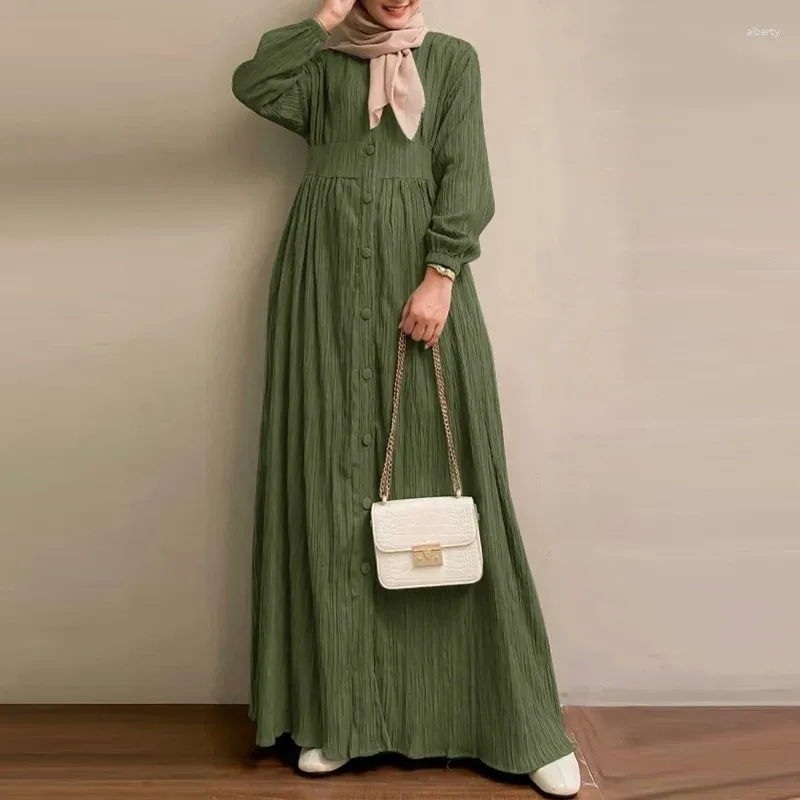 Ubranie etniczne prosta sukienka muzułmańska stała kolor plisowana abaya dla kobiet Dubai Eid 2024 Casual Abayas Buttons Vestidos szatę Ramadan Party