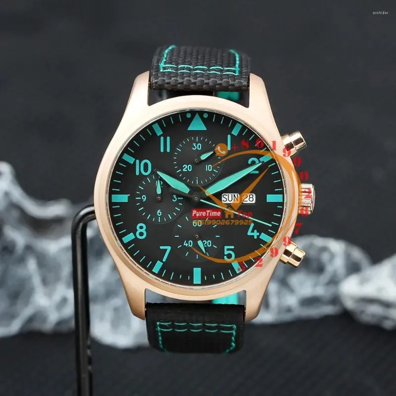 Relógios de pulso 388108 Automatic Mens Watch Rose Gold Black Dial Nylon Strap com Linha Azul 2023 Luxo Top Marca Puretime Reloj Hombre
