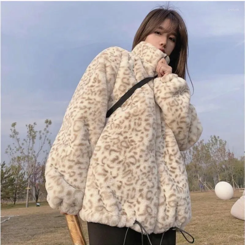 Pele feminina inverno all-match leopardo impressão falso casaco feminino manga longa zip up quente macio macio jaquetas moda coreana jaquetas chaquetas