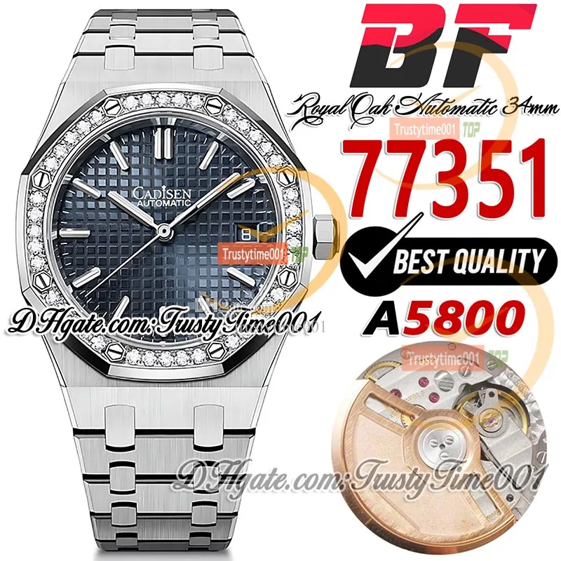 BFF 34mm 77351 A5800 자동 여성 시계 시계 50 주년 다이아몬드 베젤 블루 텍스처 다이얼 스테인리스 스틸 팔찌 슈퍼 에디션 여성 시계 TrustyTime001