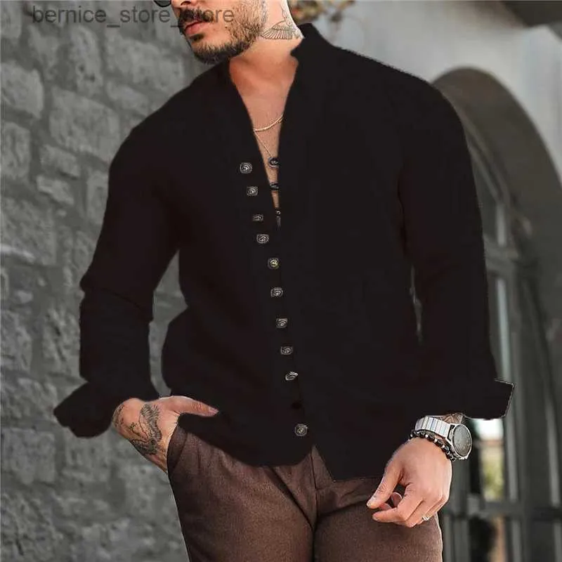 Polos masculinos Estilo Retro Verão Masculino Casual Camisa de Linho de Algodão Mock Neck Sólido Decote em V Manga Longa Solta Top Hands ome Camisa US Tamanho S-3XL Q231215