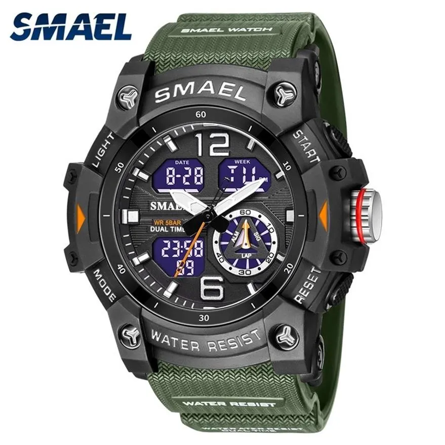 SMAEL Dual Time Mannen Horloges 50m Waterdichte Militaire Horloges voor Mannelijke 8007 THOCK Resisitant Sport Horloges Geschenken Wtach 220421232n
