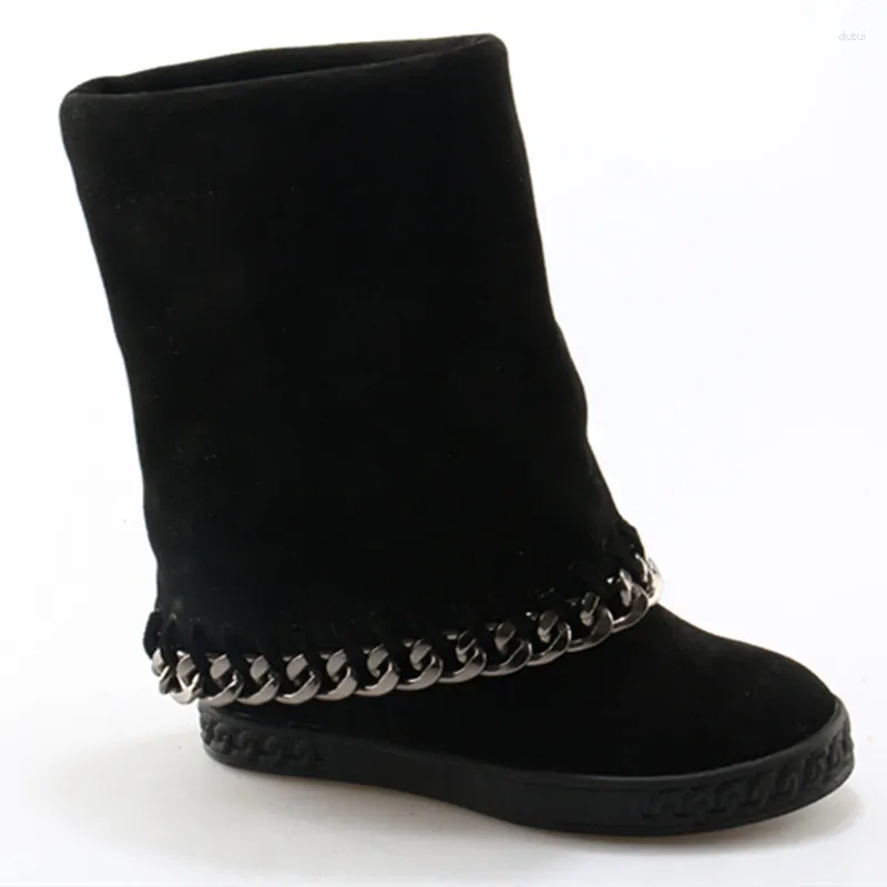 Boots Sapato Feminino Black Blue 8CM Height Increasing Short Ankle Platform Chain Cowboy For Women Snow Botas Shoes 2023