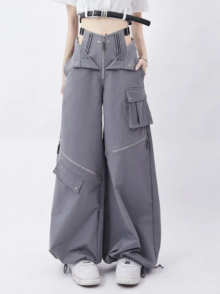Women's Pants Deeptown Y2k Cargo Women Female Casual Design Zipper Oversized Drwastring Pockets Korean Punk Trousers 2024 Spring
