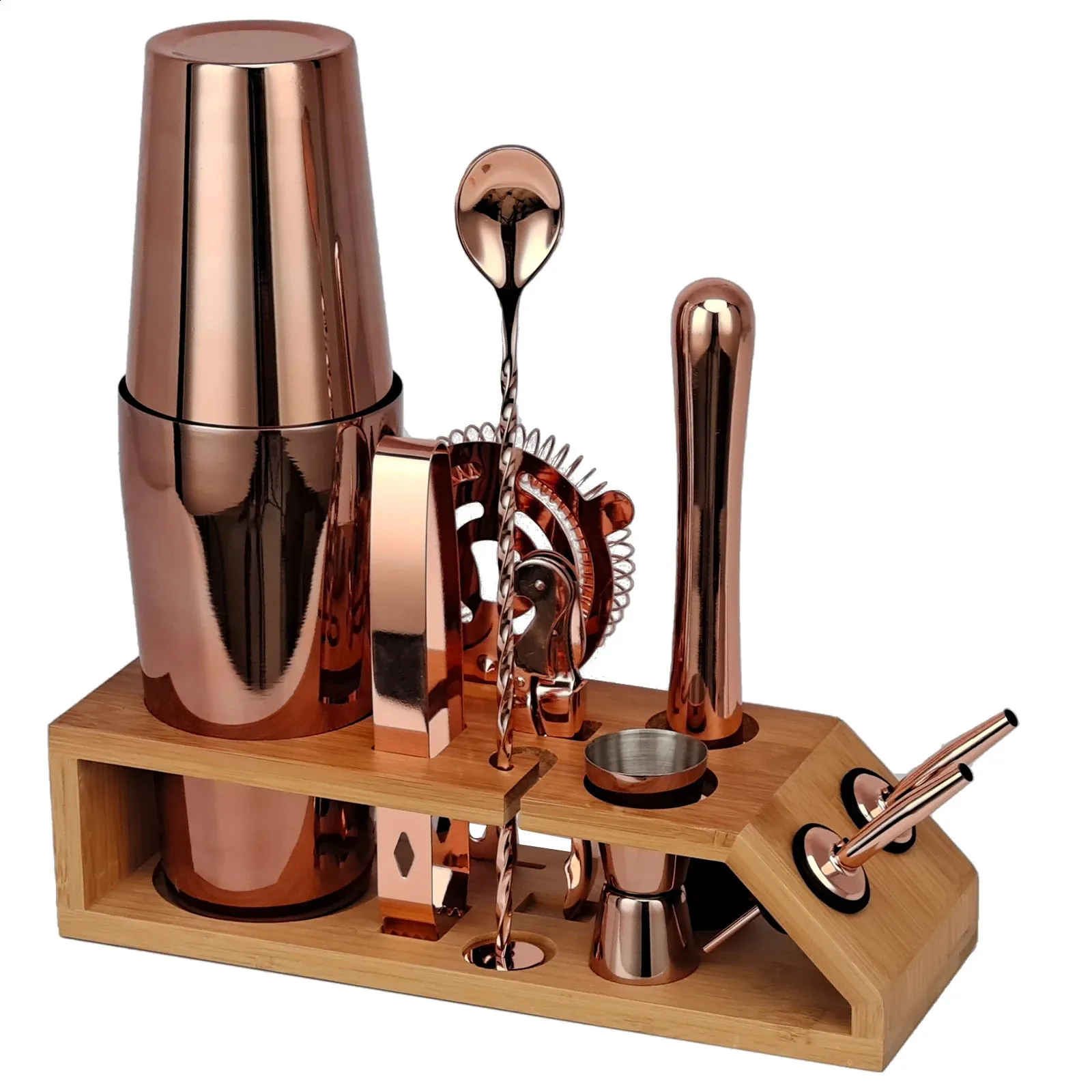 Bar Tools Barkeeper Kit 10-teiliges Roségold-Cocktail-Shaker-Set mit trapezförmigem Bambusständer für Mixgetränke Martini Home Bar Tools 231214