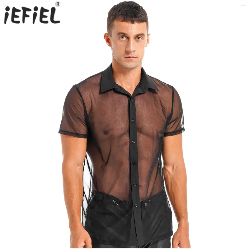 Magliette da uomo Camicia da uomo a maniche corte in mesh trasparente Colletto rovesciato Bottoni Top trasparenti Clubwear Rave Party Music Festival Abbigliamento