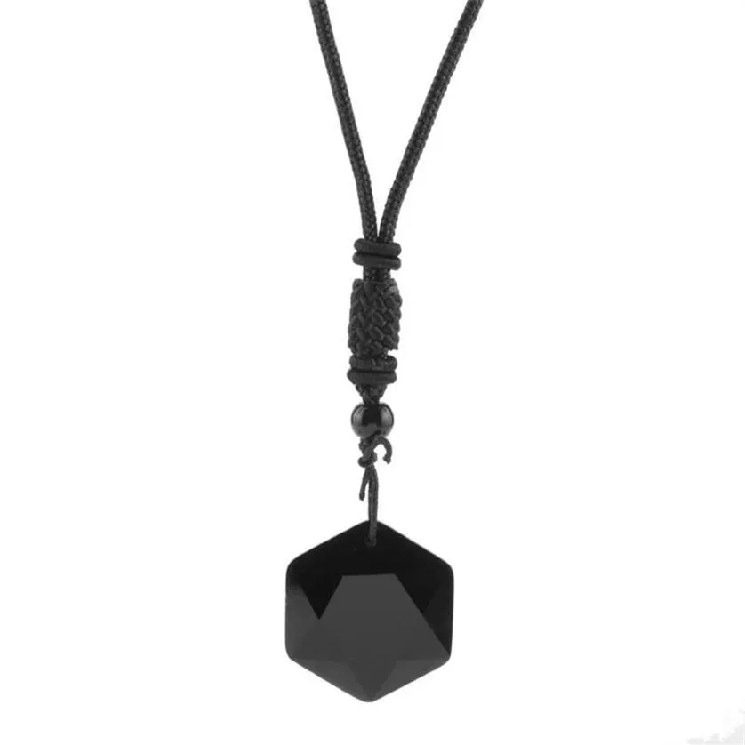 Pendentif Colliers Black Obsidian Collier en pierre naturelle pour hommes Femmes Amulette Hexagram Chaîne de corde réglable Colar Gifts3198