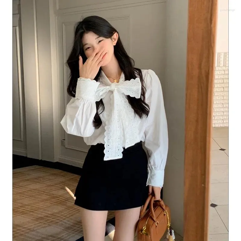 Camicette da donna Deeptown Elegante bianco con fiocco Camicie stringate stile coreano Dolce preppy Kawaii Manica lunga Casual Top carini