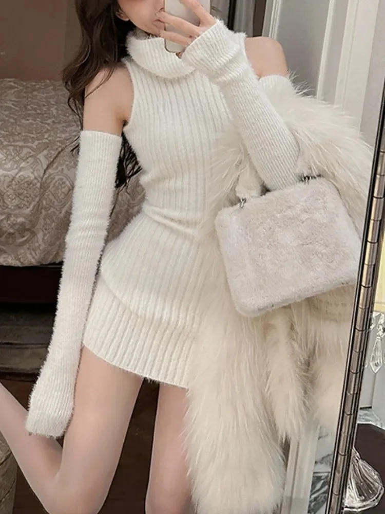 Urban Sexy Dresses Spring Turtleneck Knitted Sweater Dress Women Design Elegant Dress Korean Fashion Bodycon Sexy Y2k Mini Dress 231215