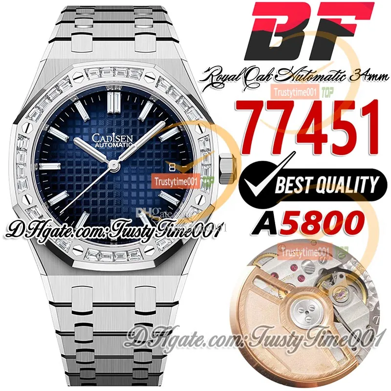 BFF 34mm 77451 A5800 Relógio automático feminino 50º aniversário Baguette diamantes moldura azul mostrador texturizado pulseira de aço super edição relógios femininos trustytime001