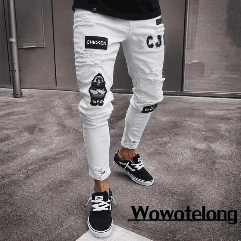 Mäns byxor rippade jeans män sträcker mager grå blå svart hiphop -denim byxor streetwear casual smal passform för jogging jean 231214