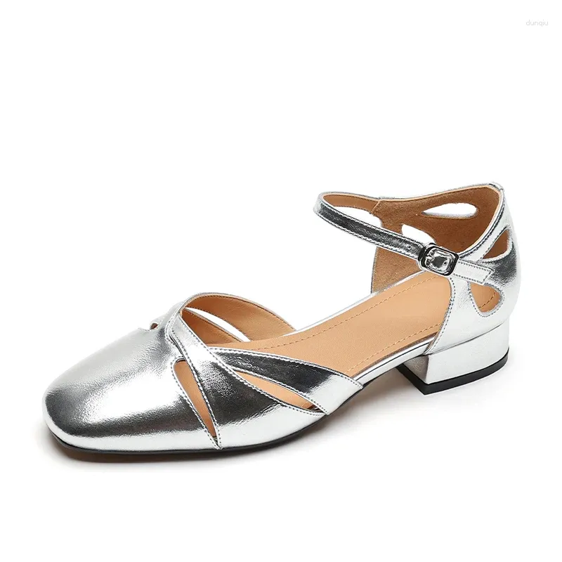 Female Roman Sandals Vintage Split Leather Golden Sier Shoes for Women Ladies Summer Buckle Strap Round Toe 30 717