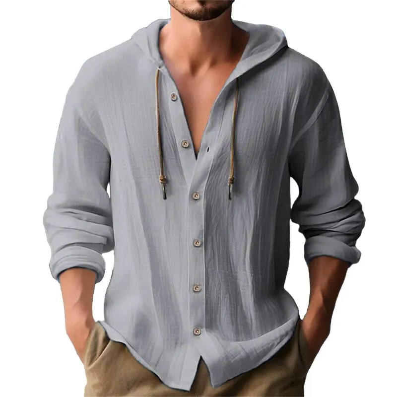 Mens T Shirts Button Up Long Sleeved Solid Cotton And Linen Hooded