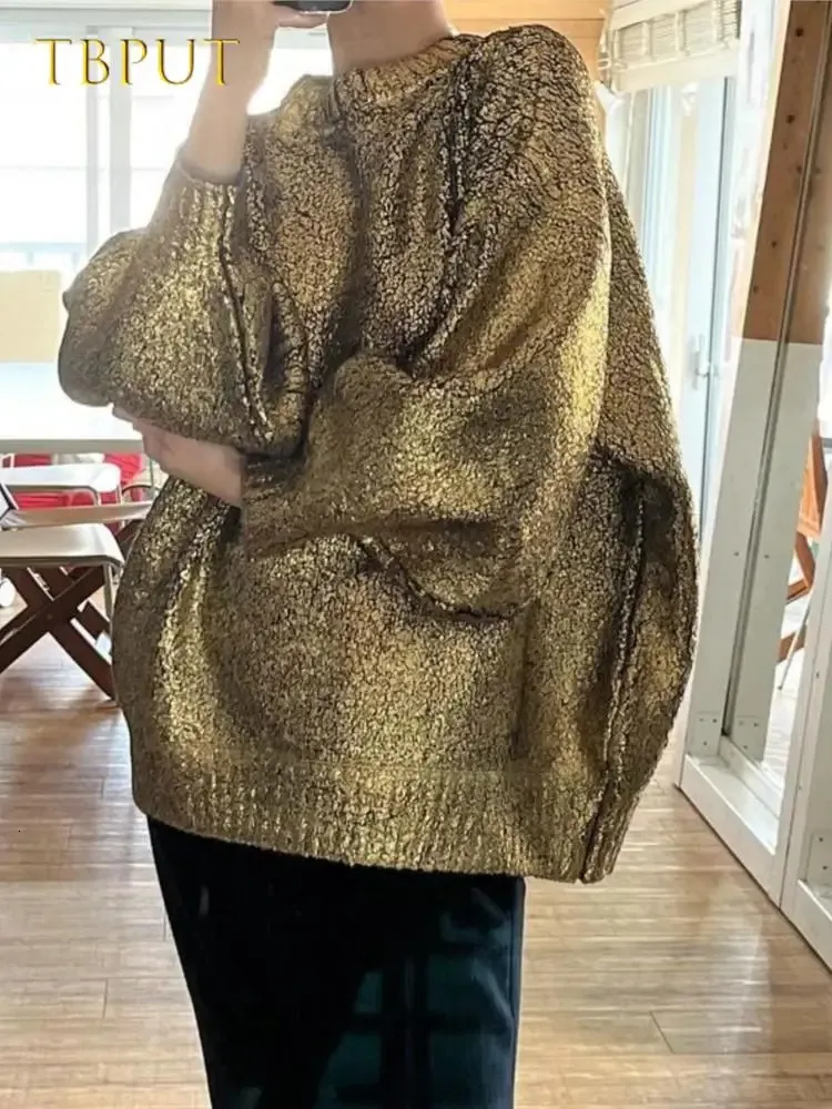 Damenpullover Vintage Metallic Gold Damenmode Lose O-Ausschnitt Langarm Farbverlauf Strickpullover Weiblich Herbst Elegante Damenpullover 231215