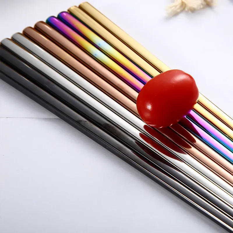 Metal Square Chopsticks Glossy Titanium Plated Anti Scalding High-grade 304 Stainless Steel Rainbow Golden Black Chopstick