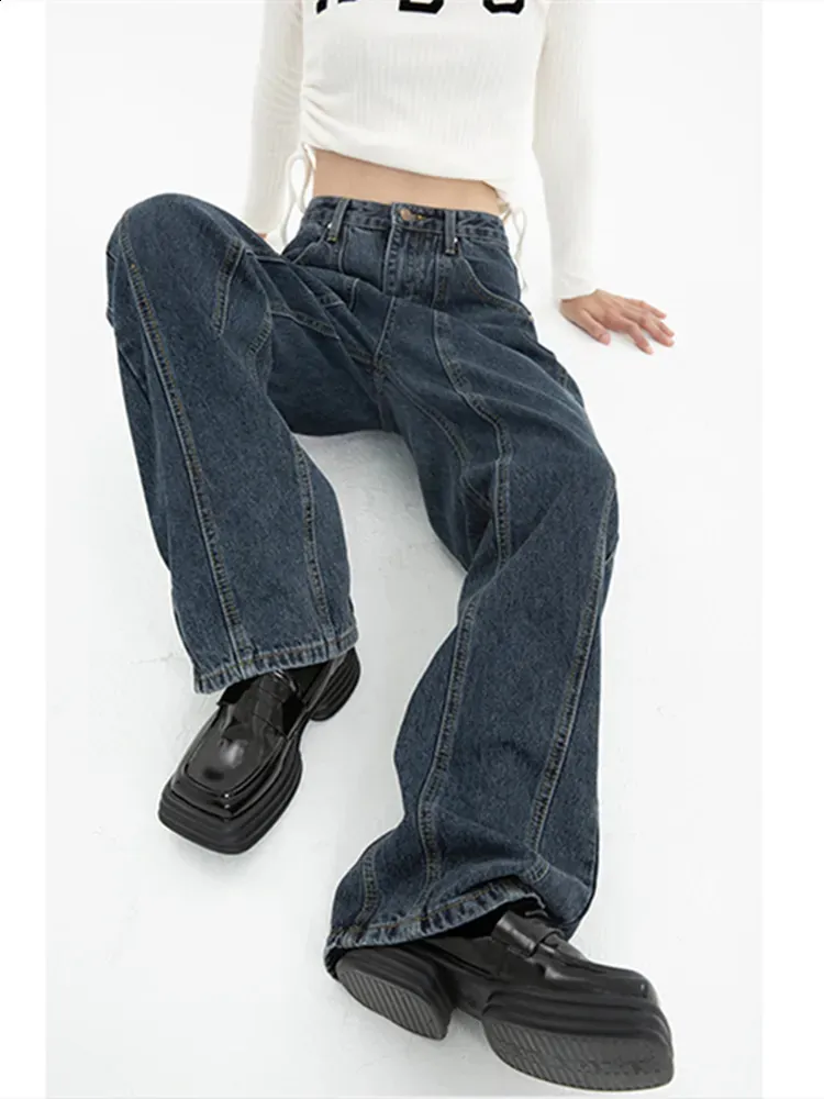 Damenjeans Dunkelblaue Damenjeans mit hoher Taille, Retro-Denimhose mit geraden Taschen, Straßenkleidung, amerikanische Mode, Denimhose mit weitem Bein, 231214