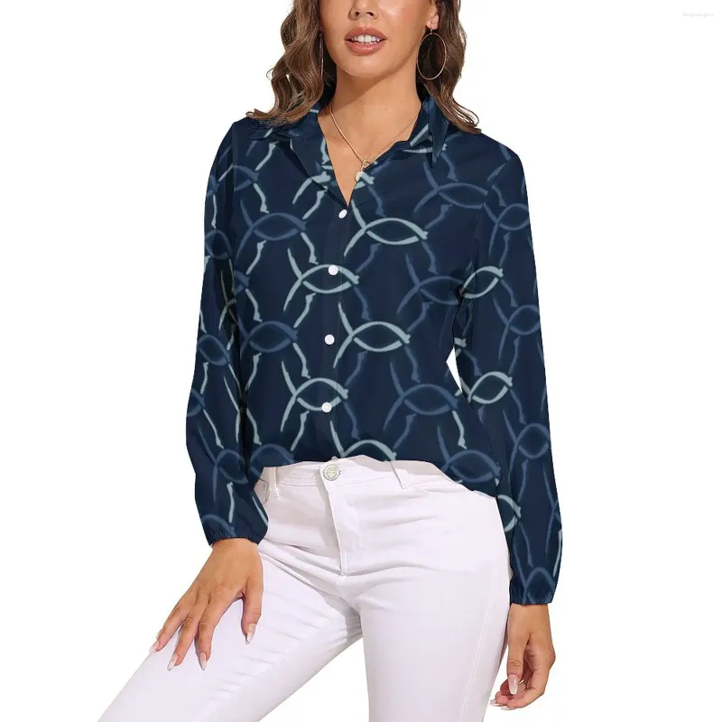 Blouses pour femmes imprimé chaîne chemisier ample Indigo bleu Net Street Wear surdimensionné femmes à manches longues chemise esthétique printemps Design haut