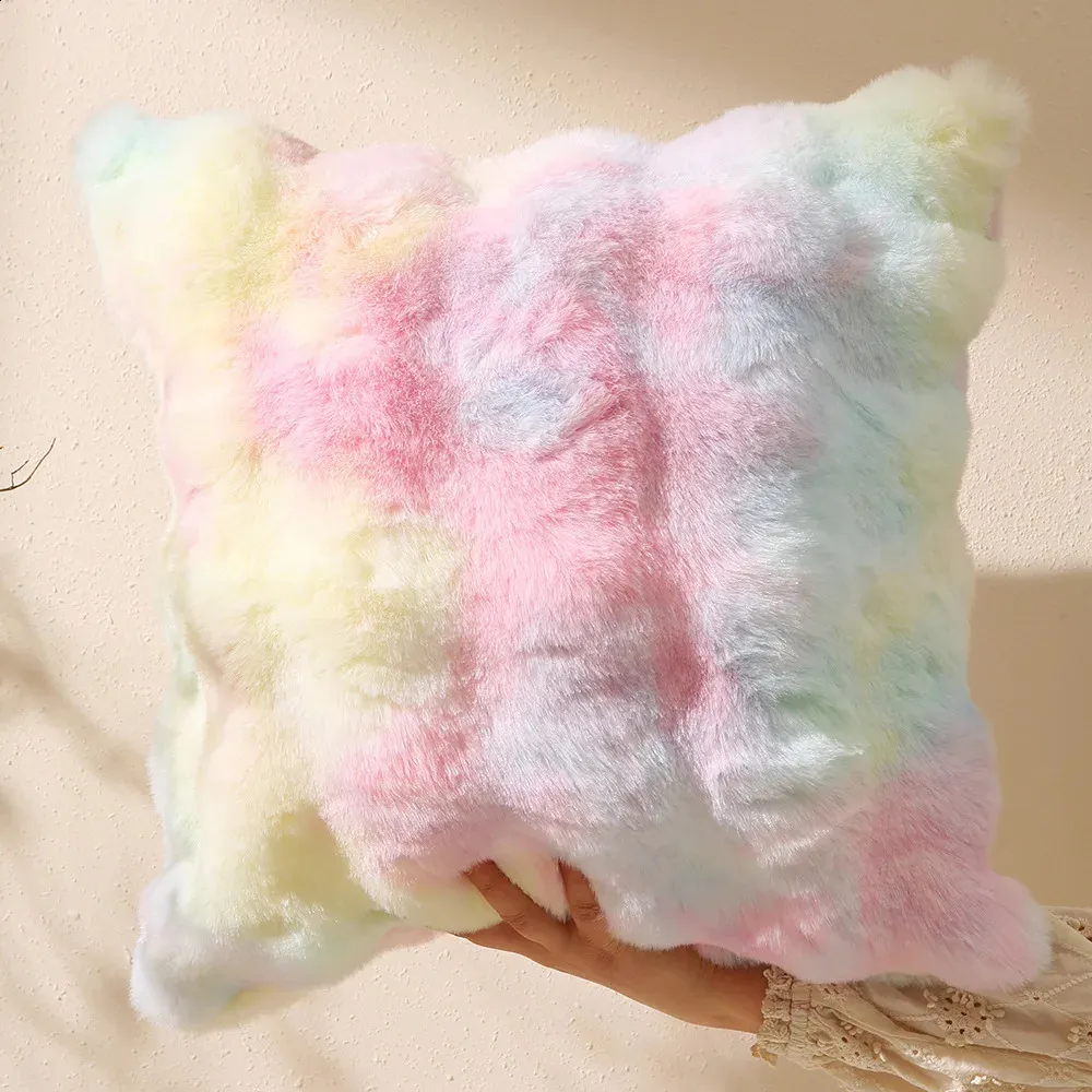 Pillow Case Double-sided rabbit plush luxury fur grade texture pillow with core square sofa pillow case tie dye rainbow pillow 231214