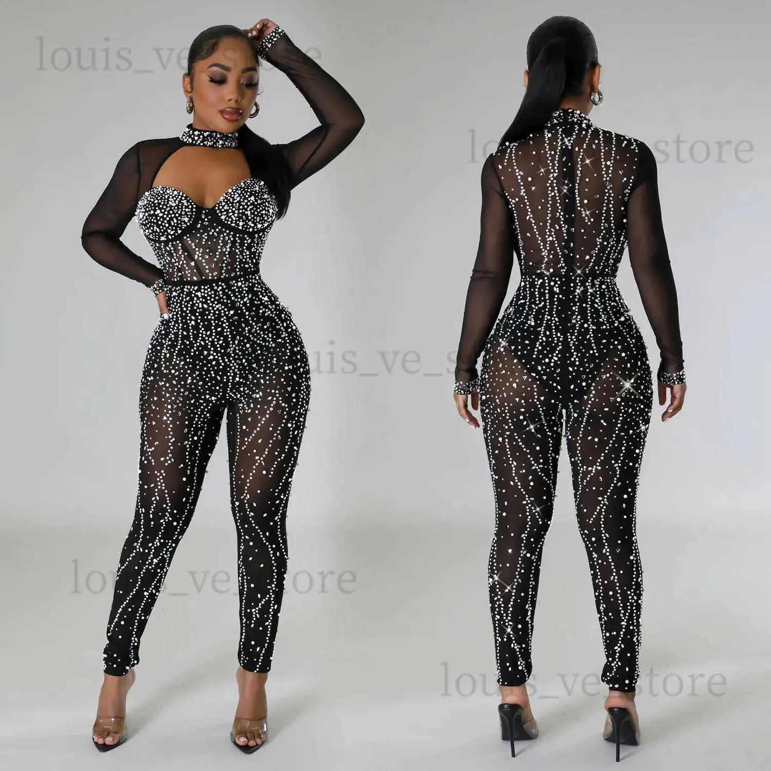 Kobiety Jumpsuits Rompers Mesh Rhinestone Jumpsuits Club Party Luxury Rompers Sexy Ladies Playsuit Bodysuits BodyCon Jumpsuit Black Club Bodysuits T231215