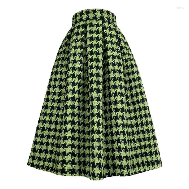 Jupes 2023 hiver coréen vintage élégant style de célébrité vert pied-de-poule taille haute longue jupe plissée femme vêtements laine chaude