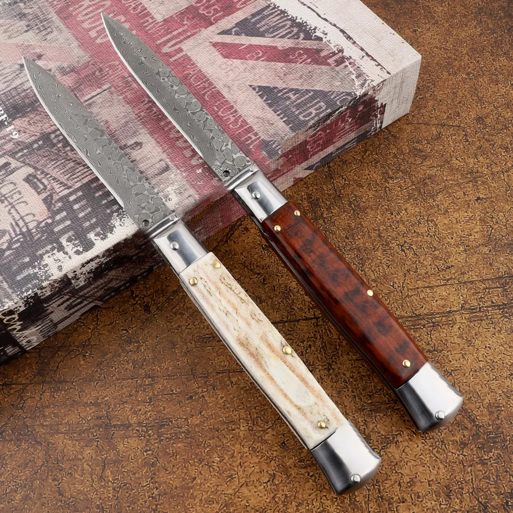 Outdoor camp 9 inch mafia Damascus steel antlers/wood handle automatic folding knife tactical hunting pocket fruit knife