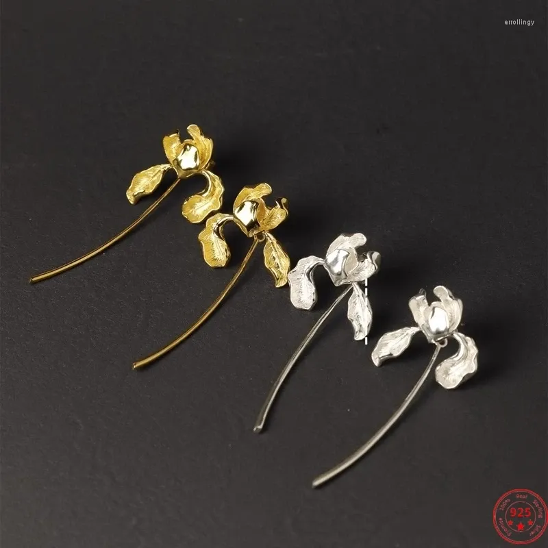 Studörhängen S925 Sterling Silver för kvinnors modestammar kan tas bort Iris Flower Gold Plated Ear-Drop smycken