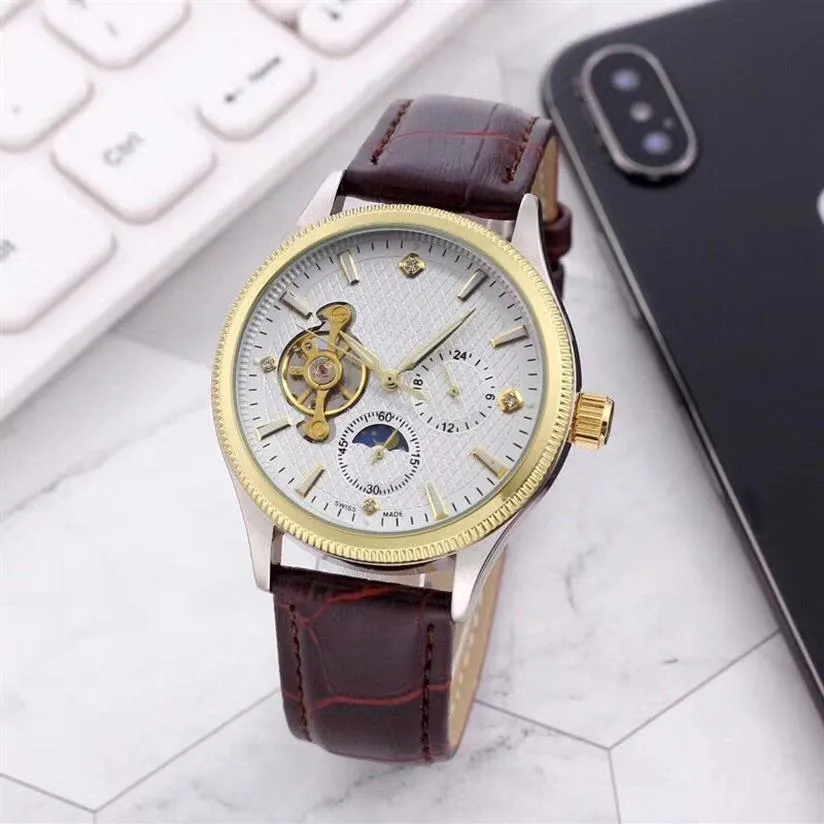 Top merk Gouden Heren horloges 40mm Wijzerplaat Maanfase waterdichte mode man horloges Mechanische Automatische Lederen Band Horloge Voor 262S