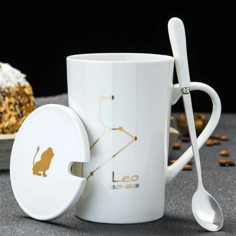 Tazas de cerámica creativas de 12 constelaciones con tapa de cuchara, taza de café con leche del zodiaco de porcelana blanca, 450ML, bebida de agua 313n