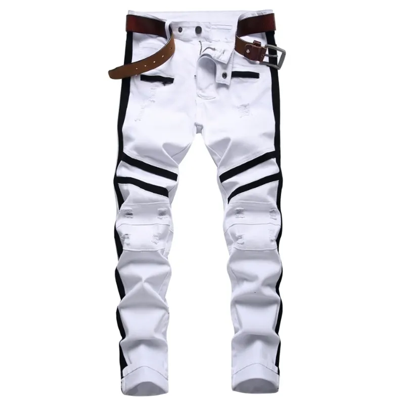 Heren Jeans 2023 Witte Ritssluiting Mannelijke Zwarte Rand Decoratie Slim Fit Stretch Gat Casual Broek Broek 231214