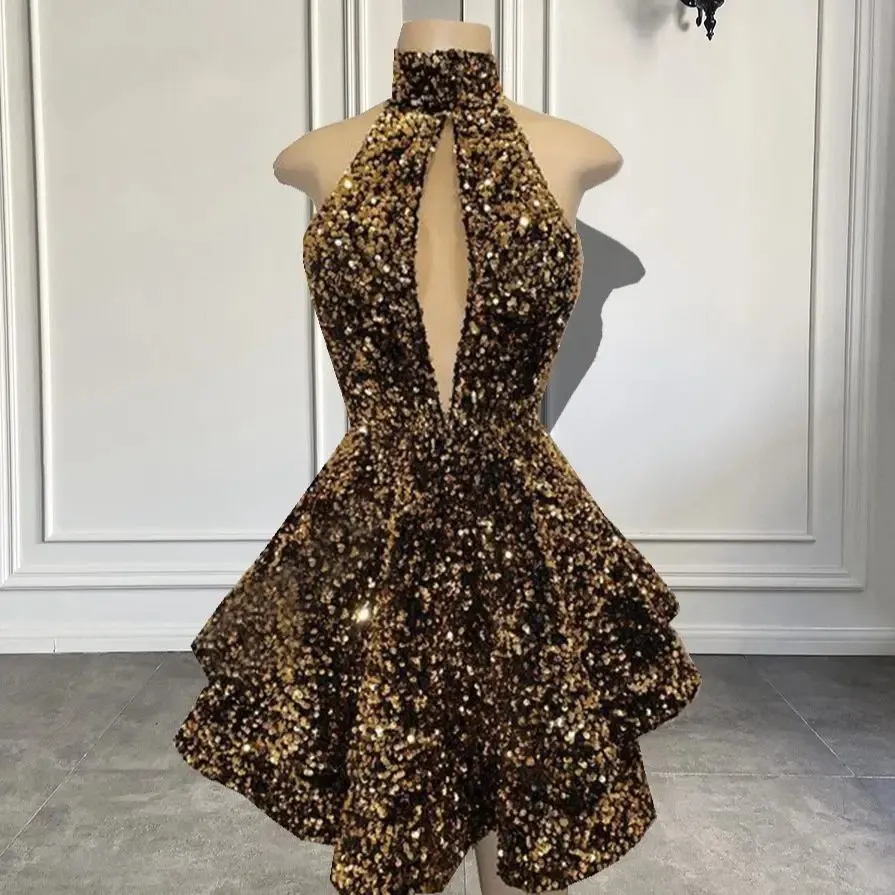 Novo vestido de baile curto dourado 2024, halter, sem mangas, lantejoulas brilhantes, costas nuas, preto, meninas, noite, aniversário, vestidos de festa, personalizado