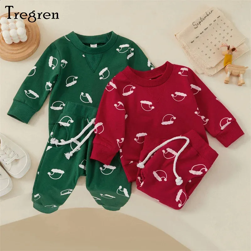 Zestawy odzieży TreGren Baby Christmas Clothing Zestaw dla małych dzieci chłopcy i dziewczęta Święty Mikołaj Choinka Druk Długie spodnie jesień i zimowe zestawy 231214