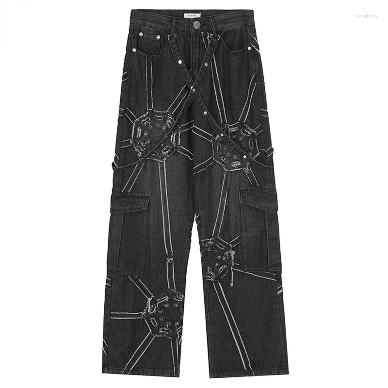 Men's Jeans Harajuku Streetwear Net Splicing Baggy Hip Hop Denim Pants Black Loose Casual Straight Cargo