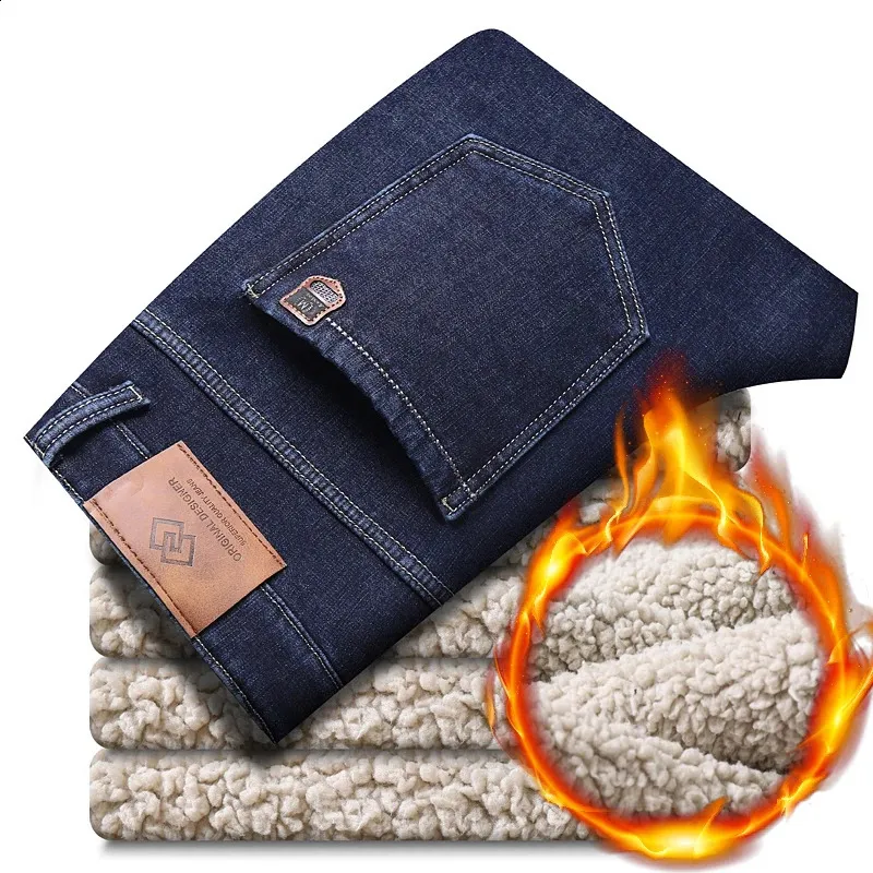 Herr jeans vinter varma fleece män 2023 rak stretch tjock avslappnad termisk denim byxor manliga affärsarbeten byxor kläder 231214