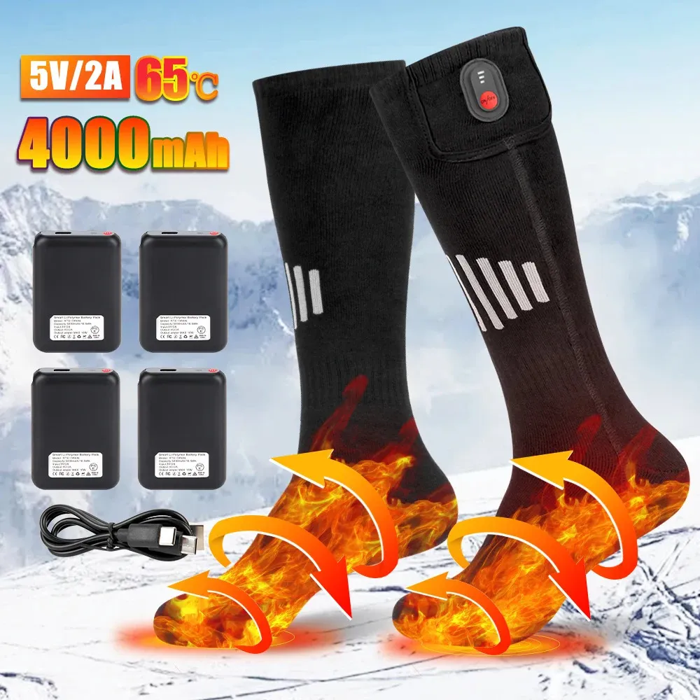 Meias esportivas aquecidas inverno calor 5000mah usb recarregável 65 aquecimento motocicleta botas ao ar livre snowmobile esqui meia 231215