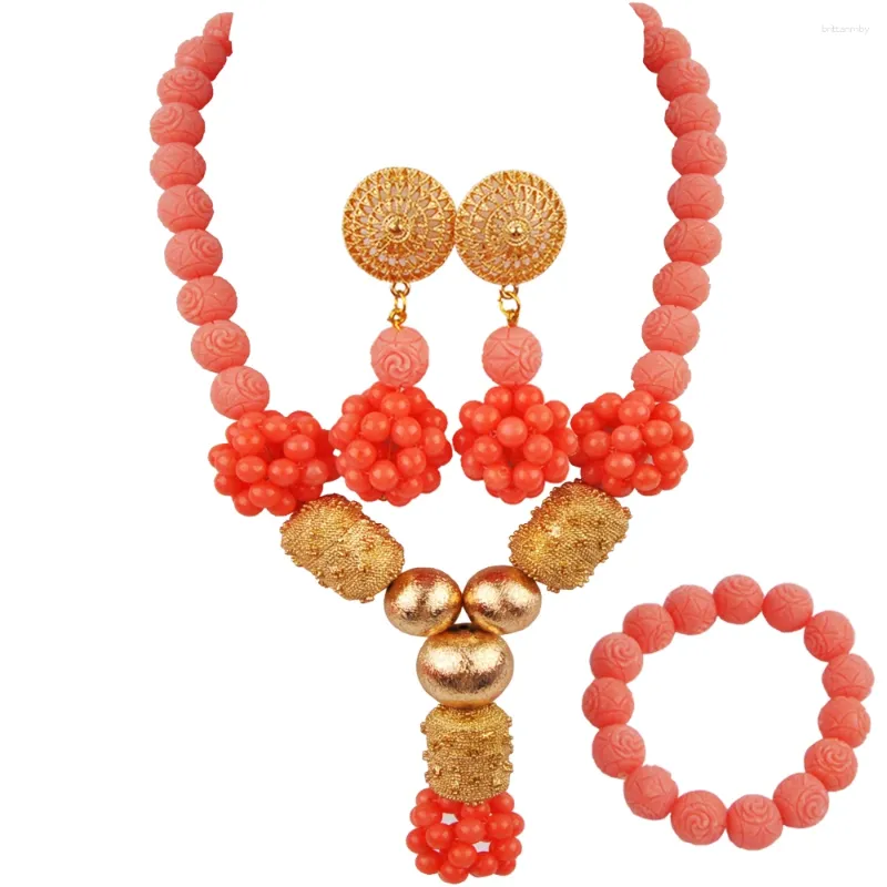 Ensemble collier et boucles d'oreilles en perles africaines, bijoux de mariage nigérians roses, Bracelet en corail, 22-12-07-C9