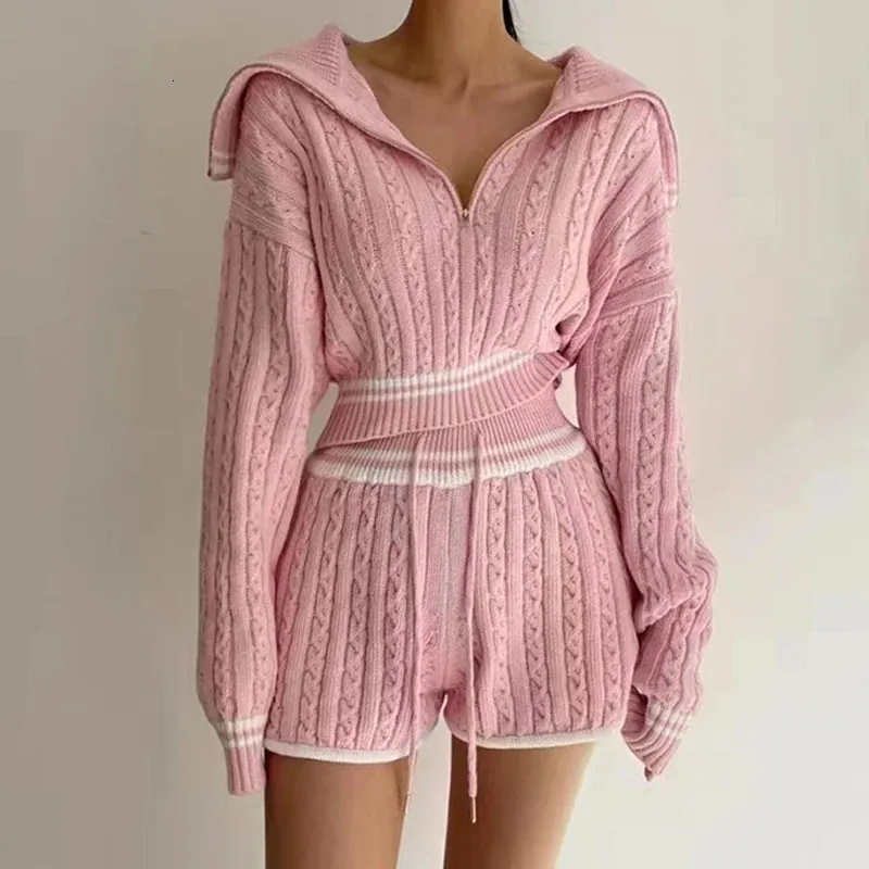 Zweiteilige Damen-Hosen, koreanische 2-teilige Sets, Damen-Outfits, modischer Reißverschluss, kurze Oberteile, Strickpullover und Shorts, zweiteiliges Set, Damen sexy Club-Rosa-Anzüge 231215