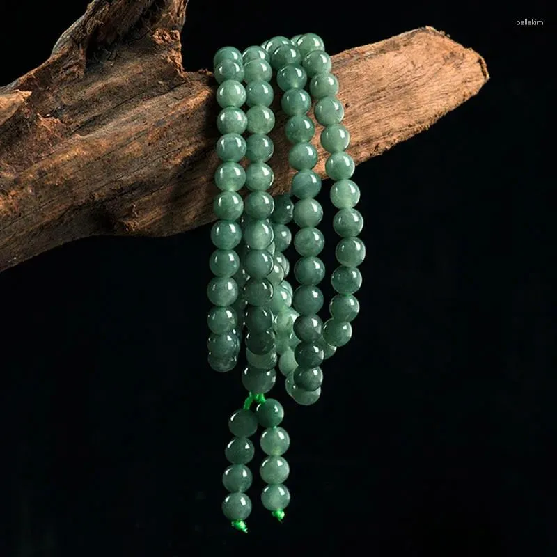 Chains Natural Green Jade 6mm Round Beads Long Necklace With Three Rings Bracelet Traditional Ethnic Playing Buddhist Jewelry