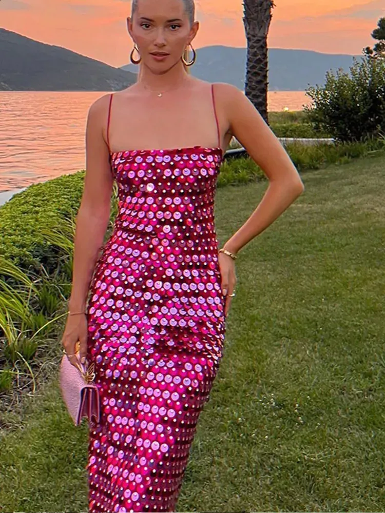 Elegant and Formal Pink and Beige Strap Sequin Maxi Dress