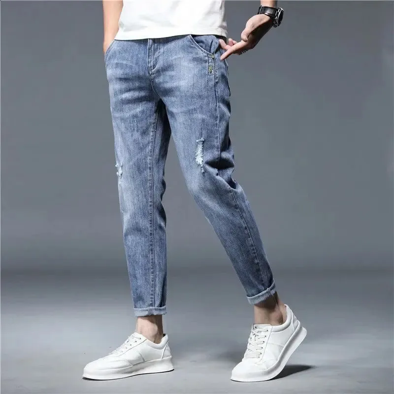 Mäns jeans denim byxor fotled längd hög kvalitet sommarsträcka bomullshål tunn streetwear design korea casual byxor 231214