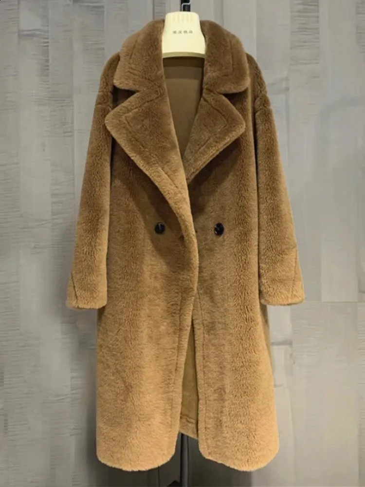 Bont voor dames Winterjas van imitatiebont Echte bontjas voor dames 100% wollen geweven stof Dikke warme bovenkleding Oversized mode Street chic Teddybeerjassen 231214