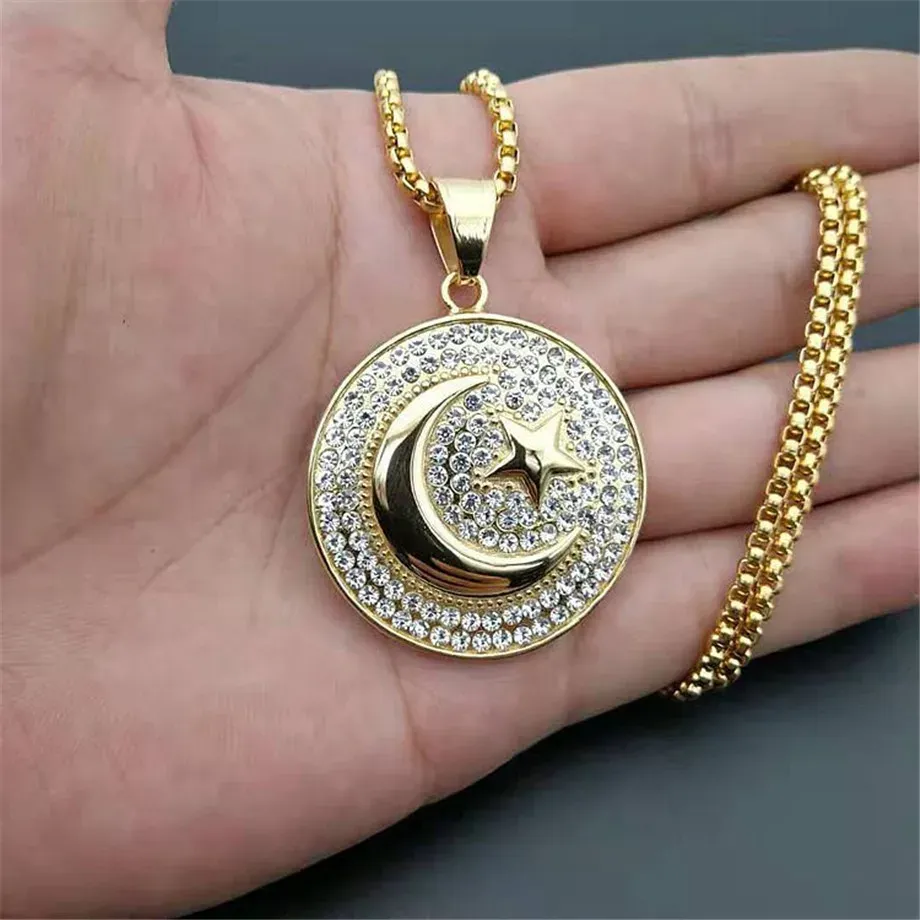 Muslim Crescent Moon and Star Pendant 14k Yellow Gold Round Necklace Hip Hop Iced Out Women Men Islamiska smycken