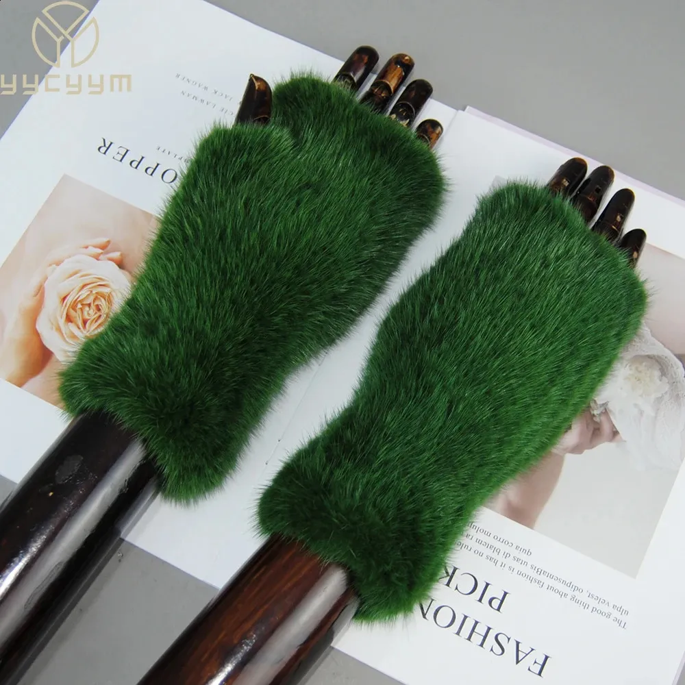 Five Fingers Gloves Winter mink fur gloves for women Real Fur Gloves 20CM Fashion elasticity Genuine Glove Knitted Mink Fur Fingerless 231214