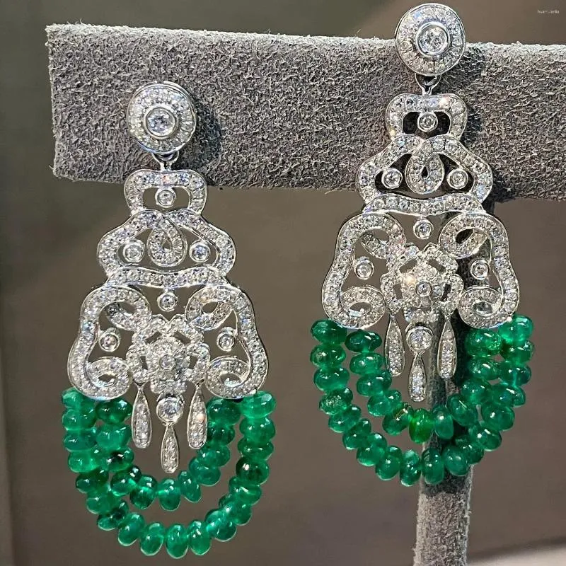 Boucles d'oreilles pendantes pour femmes, bijoux en or massif 18 carats, émeraude verte naturelle, 10ct, pierres précieuses, diamants, goutte fine, 2023LR