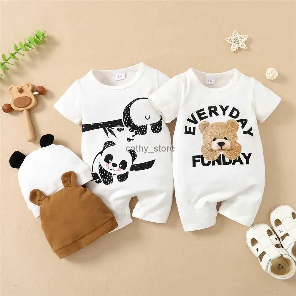 Macacão 0-12 meses bebê recém-nascido menino macacão panda urso manga curta macacão + chapéu 2 pçs roupas infantis verão moda bodysuitl231114