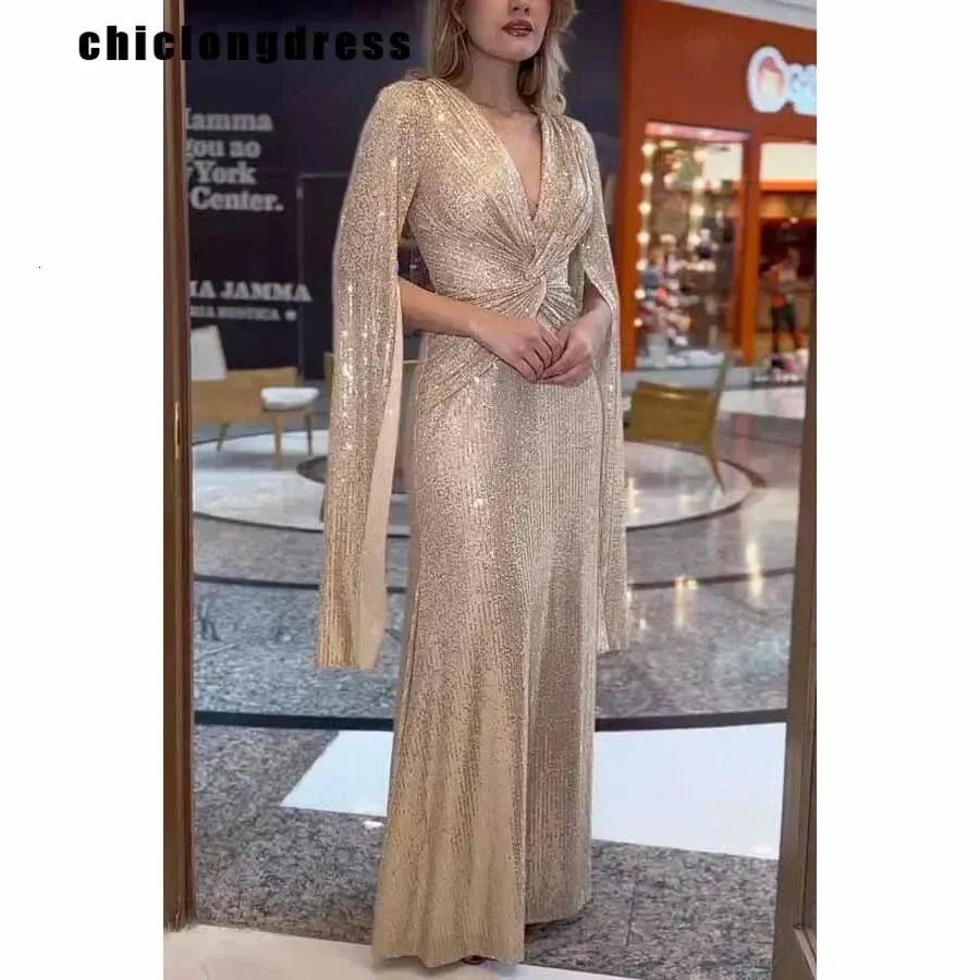 Urban Sexy Dresses Autumn Winter Fashion Elegant Sequin Evening Dress Women Luxury V-neck Cloak Sleeves Slim Sequin Party Fishtail Dress Women 231215